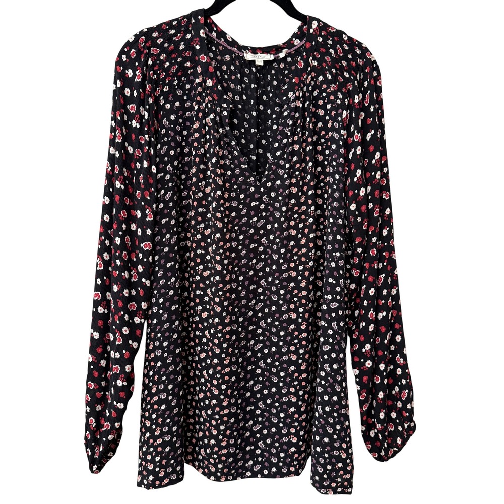 FatFace Women Ditsy Floral V-Neck Blouse Size 12 Black Long Sleeve Relaxed Top